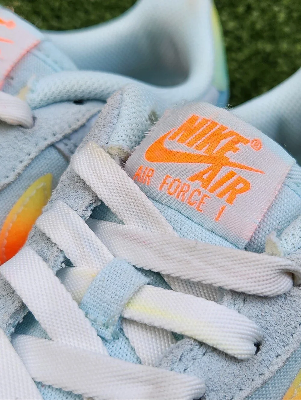 Nike Air Force 1 Big Kids Glacier Blue/Orange Leather Sneakers Size 4.5 Youth